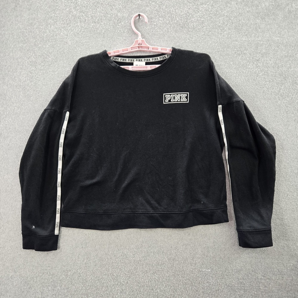 PINK Victoria's Secret Women Sweatshirt M Black Logo Long Sleeve Cotton Fleece
